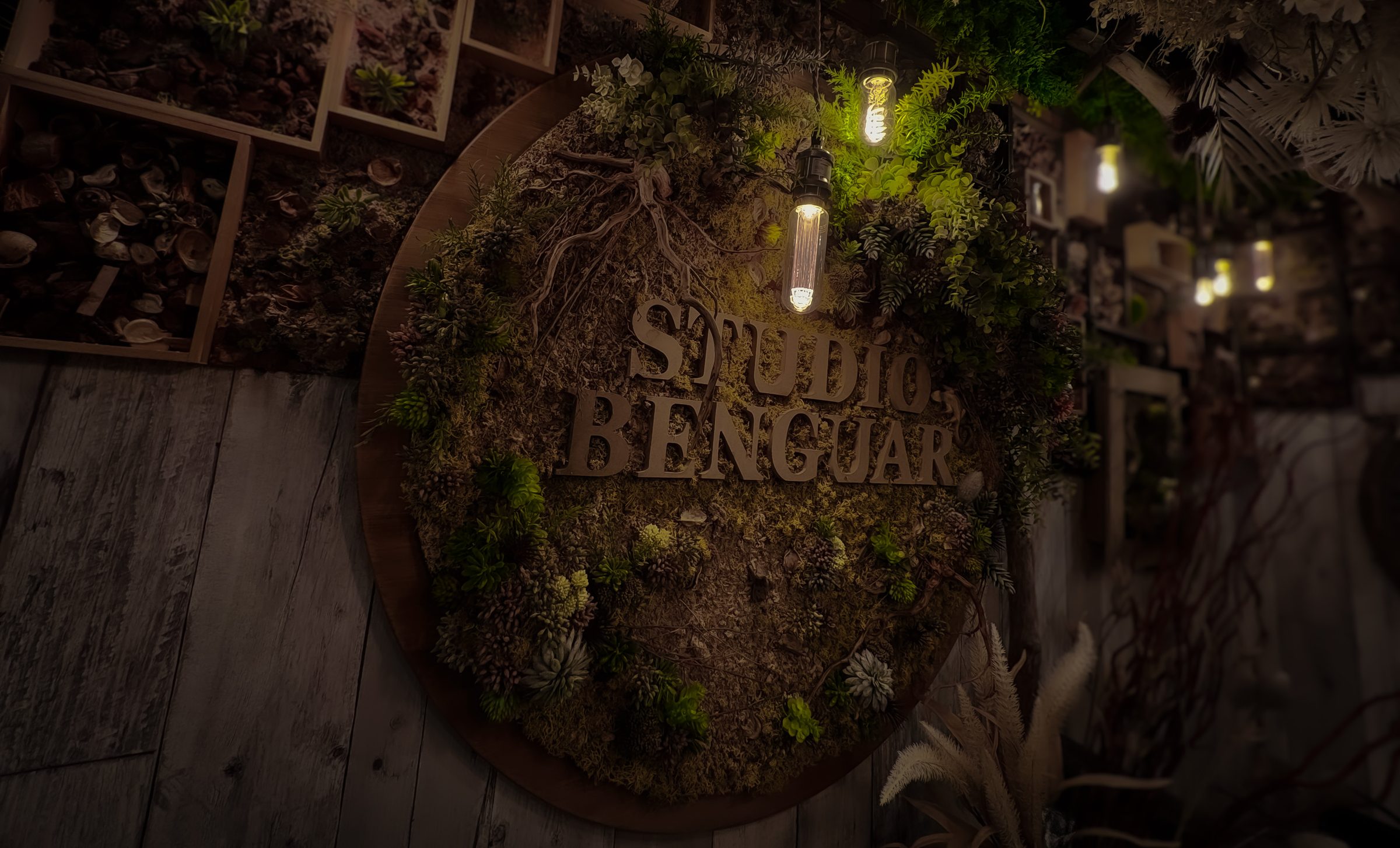 STUDIO BENGUAR の空気感を伝える一枚。植物、古材、照明のディテール。